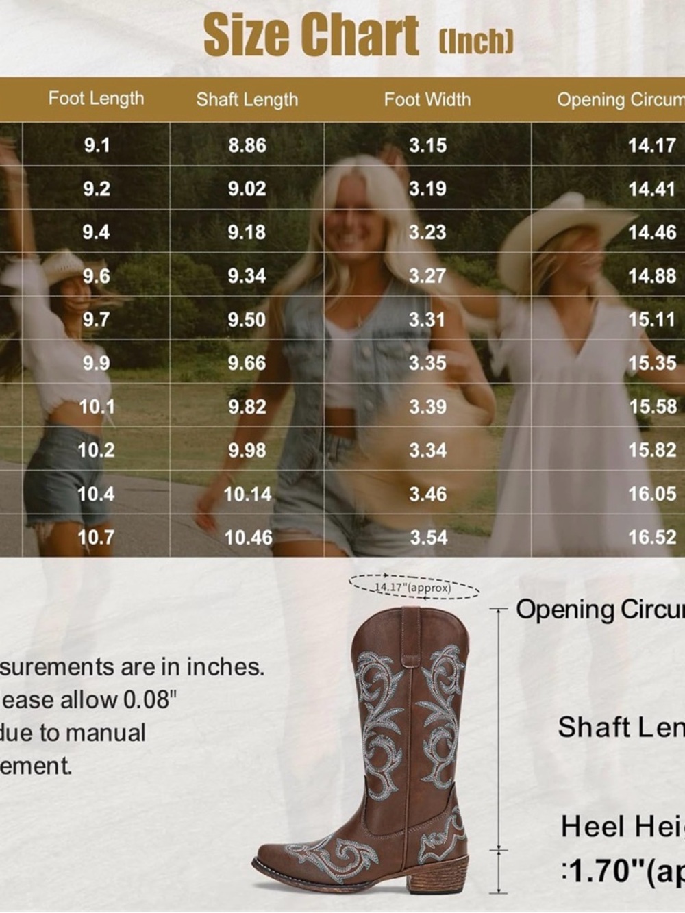 Women's Cowboy Boots Wide Calf, Mid Calf Western Cowgirl - Picture 4 of 9